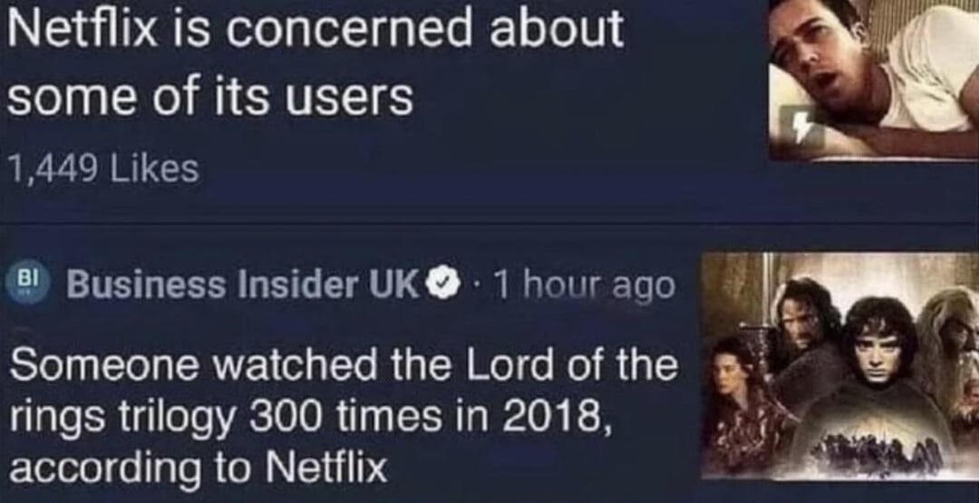 Netflix is concerned about some of its users 1,449 Likes BI Business Insider UK. 1 hour ago Someone watched the Lord of the rings trilogy 300 times in 2018, according to Netflix