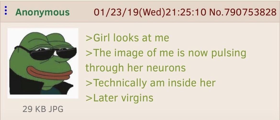 Anonymous 01/23/19(Wed) 21:25:10 No.790753828 >Girl looks at me >The image of me is now pulsing through her neurons >Technically am inside her >Later virgins 29 KB JPG