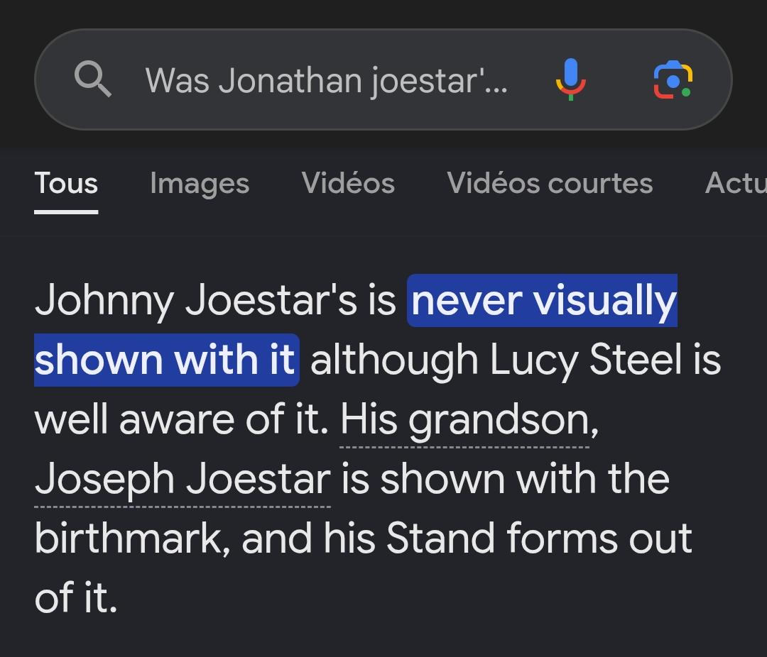 Q Was Jonathan joestar'... Tous Images Vidéos Vidéos courtes Actu Johnny Joestar's is never visually shown with it although Lucy Steel is well aware of it. His grandson, Joseph Joestar is shown with the birthmark, and his Stand forms out of it.