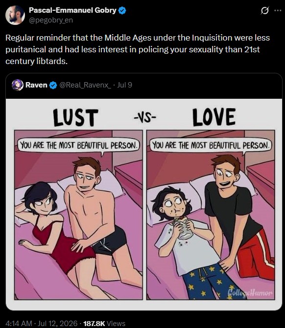 Pascal-Emmanuel Gobry @pegobry_en Ø .. Regular reminder that the Middle Ages under the Inquisition were less puritanical and had less interest in policing your sexuality than 21st century libtards. Raven @Real_Ravenx_ • Jul 9 LUST -VS- LOVE YOU ARE THE MOST BEAUTIFUL PERSON. YOU ARE THE MOST BEAUTIFUL PERSON. 4:14 AM - Jul 12, 2026-187.8K Views CollegeHumor