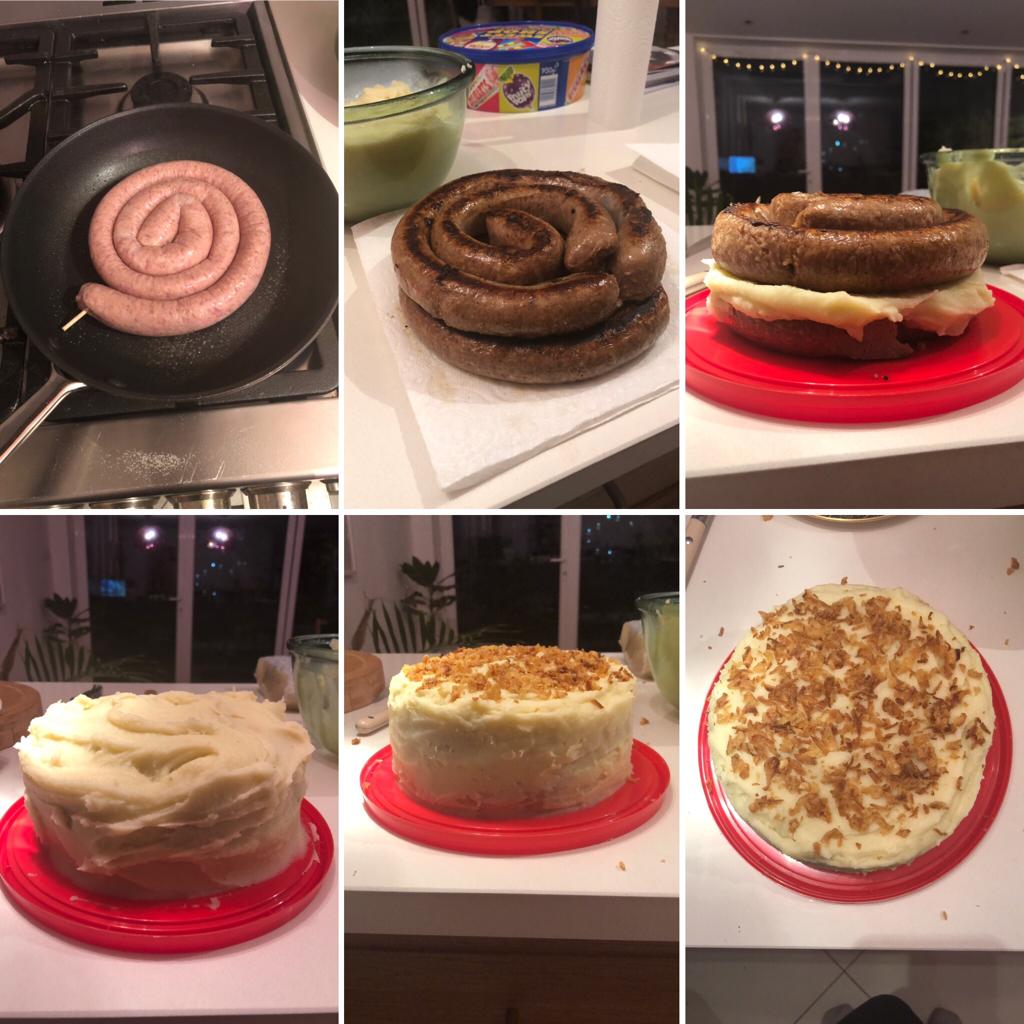 Sausage and mashed potato cake