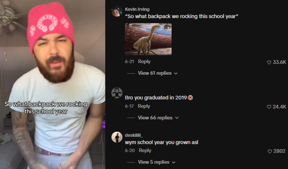 Comments roasting TikToekr luh5trapp. He has posted a video asking what backpack we rocking during the school year, despite appearing much older than high school age.