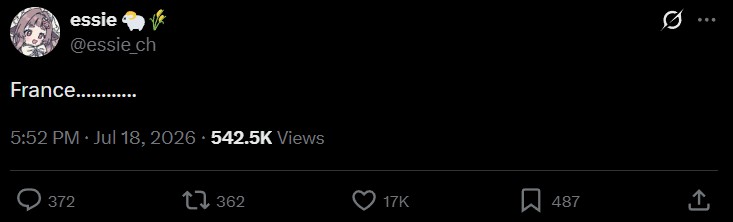 essie @essie_ch France............. 5:52 PM ⚫ Jul 18, 2026 542.5K Views 372 . 1362 17K 487
