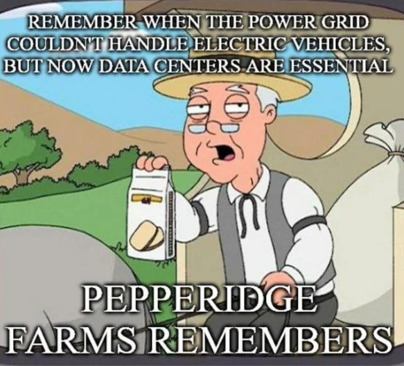 REMEMBER WHEN THE POWER GRID COULDN'T HANDLE ELECTRIC VEHICLES, BUT NOW DATA CENTERS ARE ESSENTIAL PEPPERIDGE FARMS REMEMBERS