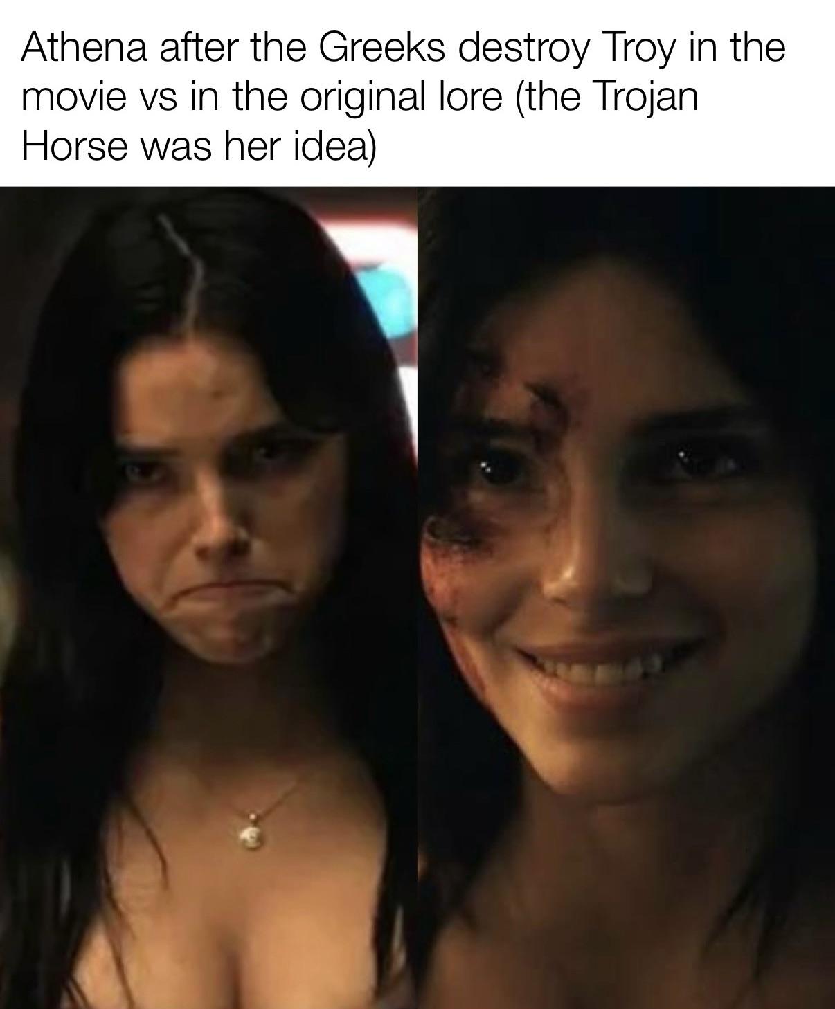 Athena after the Greeks destroy Troy in the movie vs in the original lore (the Trojan Horse was her idea)