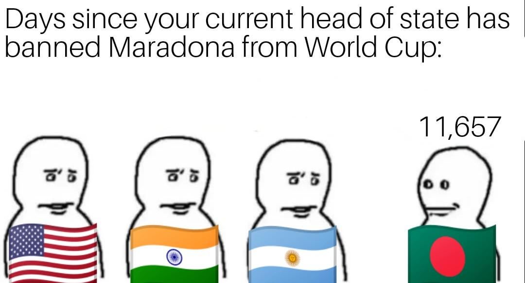 Days since your current head of state has banned Maradona from World Cup: 11,657 18'5