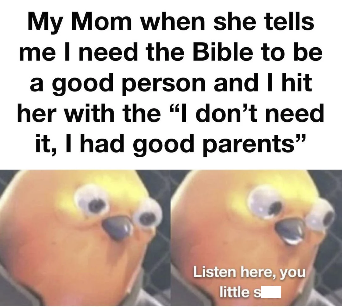 My Mom when she tells me I need the Bible to be a good person and I hit her with the "I don't need it, I had good parents" Listen here, you little s