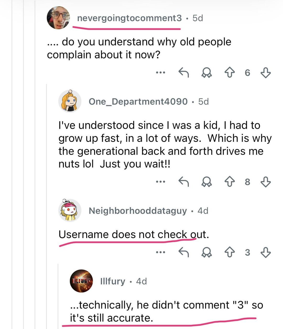 nevergoingtocomment3.5d do you understand why old people complain about it now? ← ≈ ↑ 6 3 One_Department4090 5d I've understood since I was a kid, I had to grow up fast, in a lot of ways. Which is why the generational back and forth drives me nuts lol Just you wait!! ← Q ↑ 8 ♡ Neighborhooddataguy · 4d Username does not check out. ... ↑ 3 3 TALFURY Illfury • 4d ...technically, he didn't comment "3" so it's still accurate.