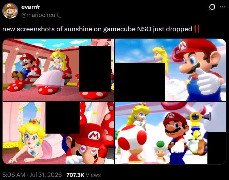 evan☆ @mariocircuit_ new screenshots of sunshine on gamecube NSO just dropped !! M 5:06 AM · Jul 31, 2026 - 707.3K Views