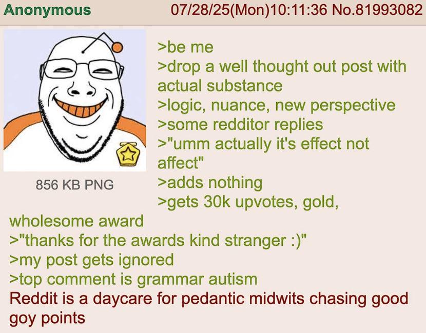 Anonymous 856 KB PNG 07/28/25(Mon) 10:11:36 No.81993082 >be me >drop a well thought out post with actual substance >logic, nuance, new perspective >some redditor replies >"umm actually it's effect not affect" >adds nothing >gets 30k upvotes, gold, wholesome award >"thanks for the awards kind stranger :)" >my post gets ignored >top comment is grammar autism Reddit is a daycare for pedantic midwits chasing good goy points