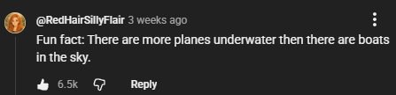 @RedHairSillyFlair 3 weeks ago Fun fact: There are more planes underwater then there are boats in the sky. 6.5k Reply