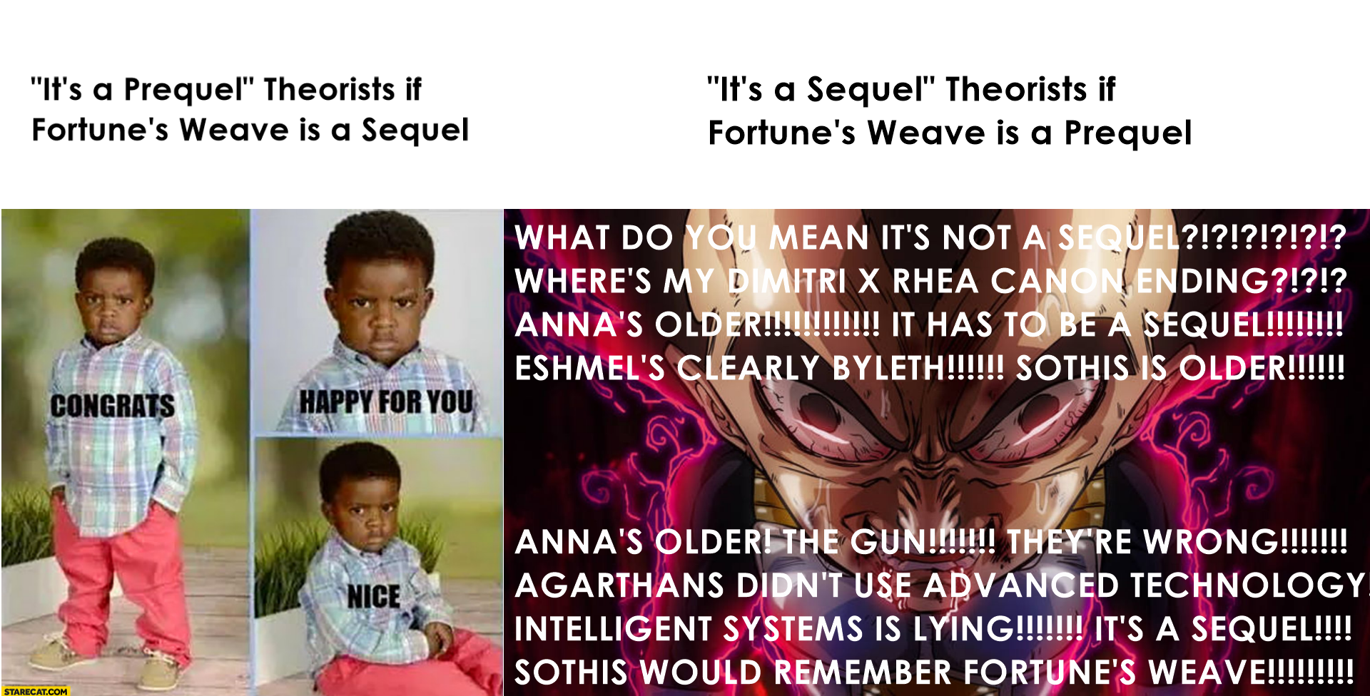 Some of these theorists seem to have some sort of pool going to see who can make the dumbest, hole-filled arguments possible to support their side!
And they just keep one-upping each other!
Do you know how many "Anna looks older" comments I've seen as "proof" that Fortune's Weave is a sequel to Three Houses? 
More than zero! 
Which, as far as I'm concerned, just proves that no one in the Fire Emblem 3H fandom has media literacy skills!