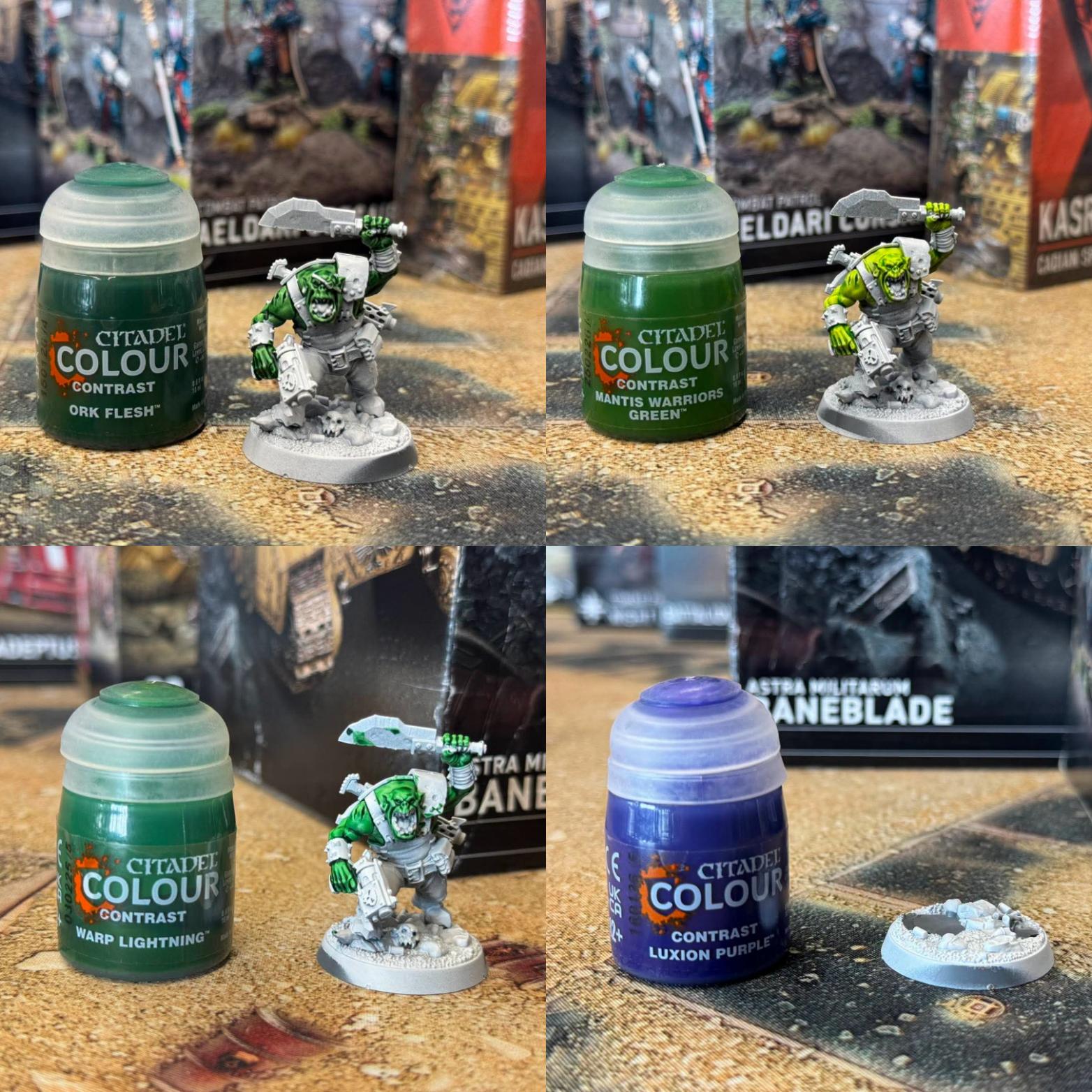 CITADEL COLOUR CONTRAST ORK FLESH™ AELDARY CITADEL COLOUR CONTRAST MANTIS WARRIORS GREEN ELDARI CORS CITADEL COLOUR CONTRAST WARP LIGHTNING STRA M BANE ASTRA MILITARUM ANEBLADE CITADEL COLOUR CONTRAST LUXION PURPLE KAS CADIAN S