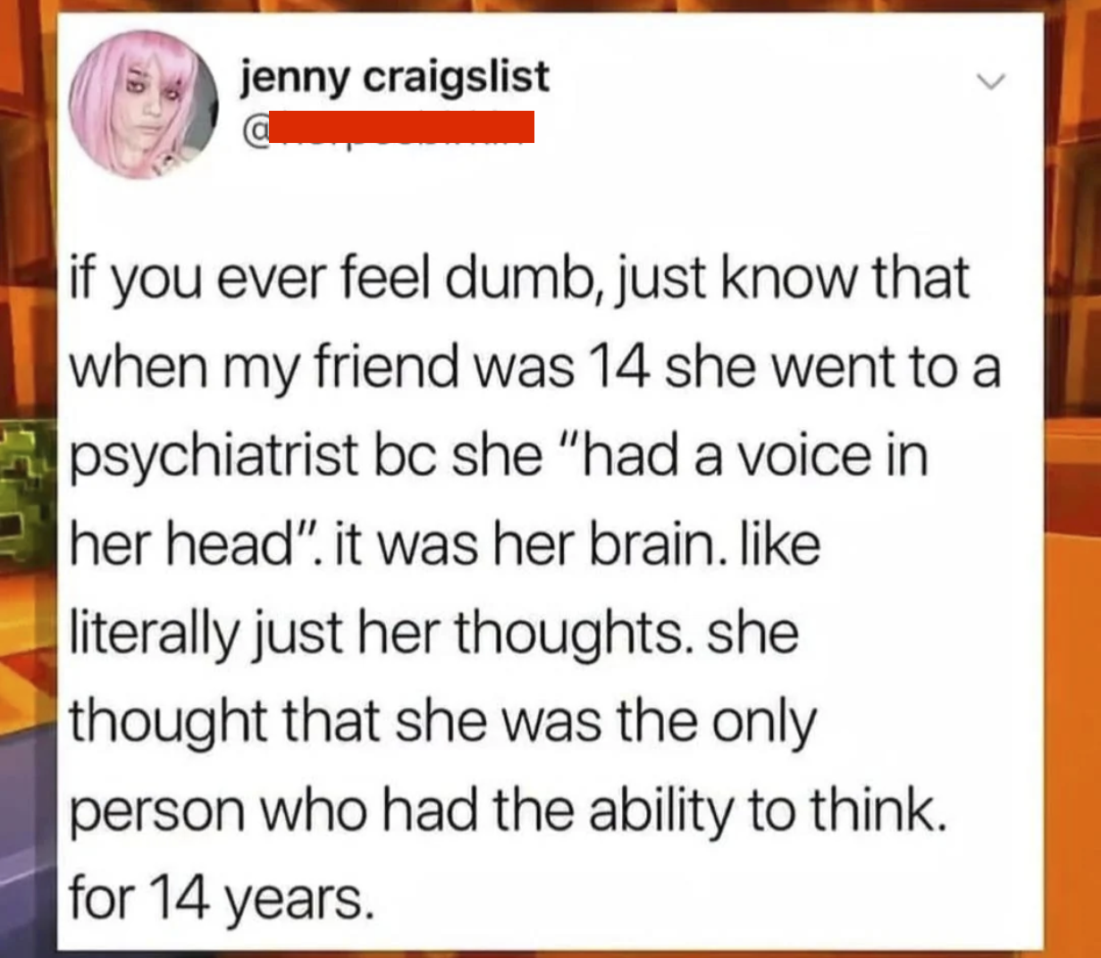 jenny craigslist if you ever feel dumb, just know that when my friend was 14 she went to a psychiatrist bc she "had a voice in her head". it was her brain. like literally just her thoughts. she thought that she was the only person who had the ability to think. for 14 years.
