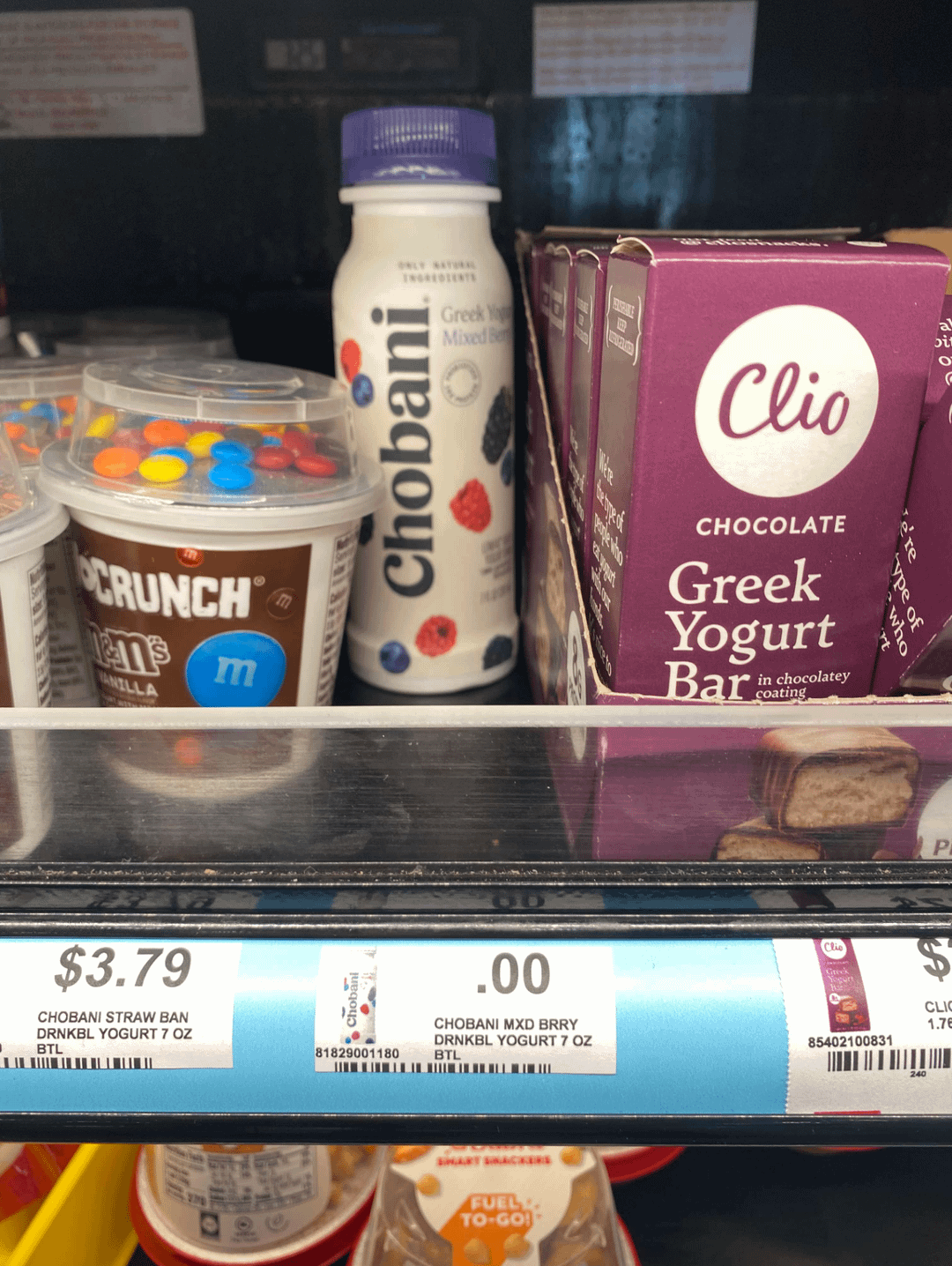 <3961 CRUNCH n's m ANILLA $3.79 CHOBANI STRAW BAN DRNKBL YOGURT 7 OZ BTL ONLY NATURAL INGREDIENTS Chobani Greek Y Mixed B Clio CHOCOLATE Greek Yogurt Bar in chocolatey coating .00 CHOBANI MXD BRRY DRNKBL YOGURT 7 OZ 81829001180 BTL SMART SNACKERS FUEL TO-GO! Clio Greek who CLI 1.76 85402100831 240