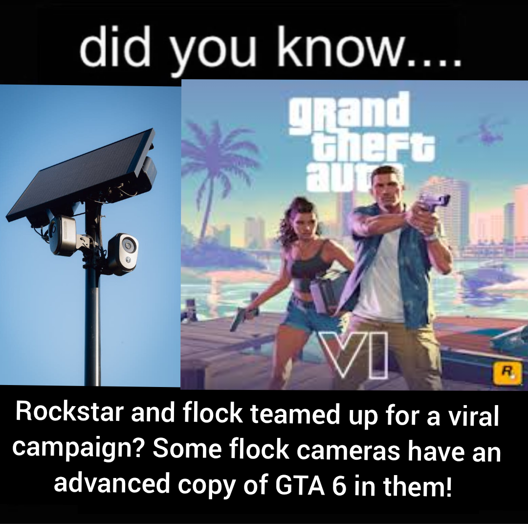 did you know.... grand theft aur 0 VI Rockstar and flock teamed up for a viral campaign? Some flock cameras have an advanced copy of GTA 6 in them! R