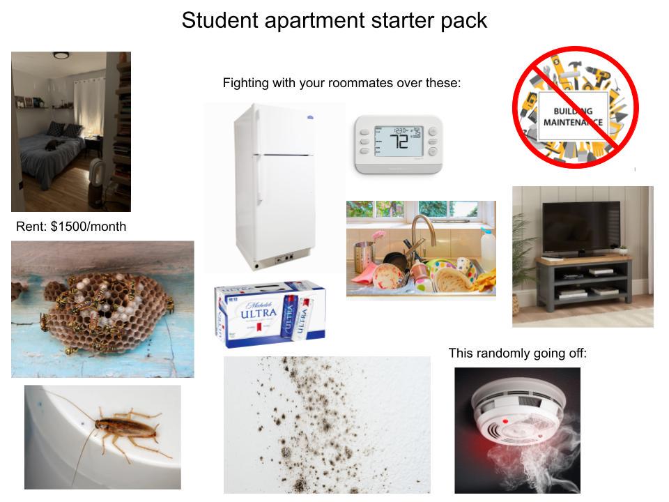 Rent: $1500/month Student apartment starter pack Fighting with your roommates over these: ULTRA ULTRA ULTRA 000 T--- 12 000 BUILDING MAINTENANCE This randomly going off: