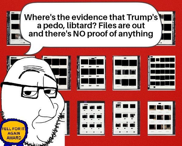 FELL FOR IT AGAIN AWARD Where's the evidence that Trump's a p---, libtard? Files are out and there's NO proof of anything