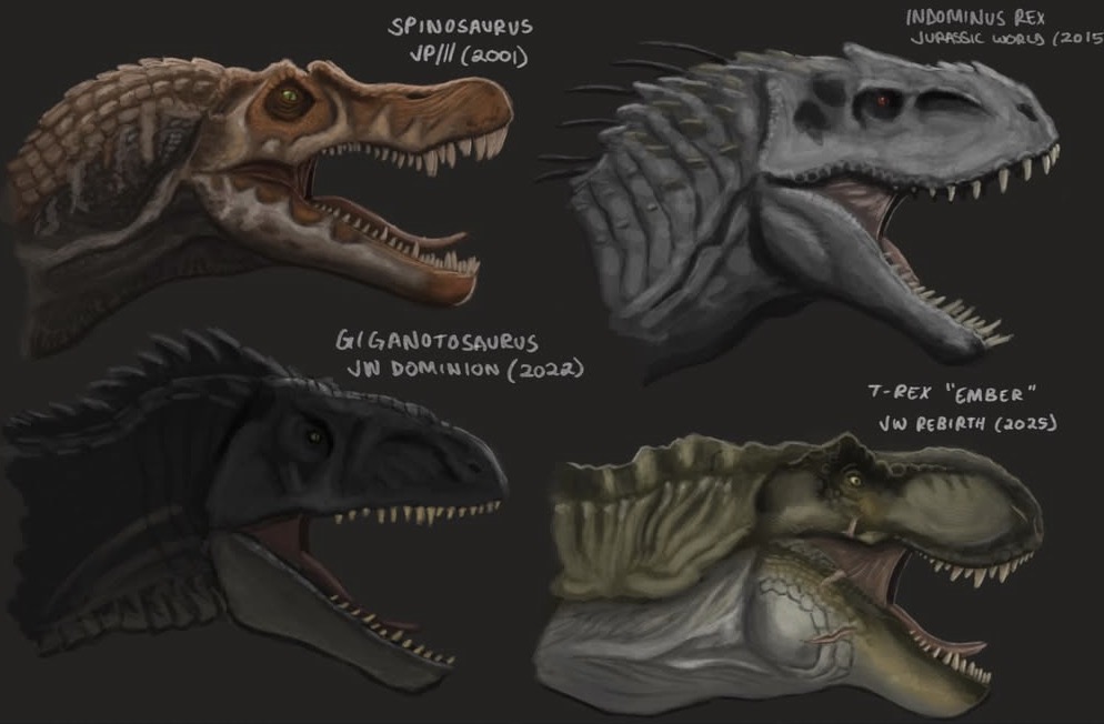 SPINOSAURUS JP/11 (2001) INDOMINUS REX JURASSIC WORLD (2015 GIGANOTOSAURUS JW DOMINION (2022) T-REX "EMBER" VW REBIRTH (2025)