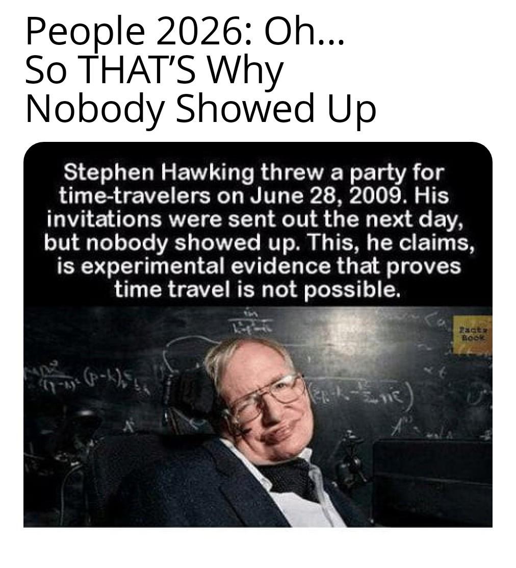 People 2026: Oh... SO THAT'S Why Nobody Showed Up Stephen Hawking threw a party for time-travelers on June 28, 2009. His invitations were sent out the next day, but nobody showed up. This, he claims, is experimental evidence that proves time travel is not possible. (p-k) Zacte Book