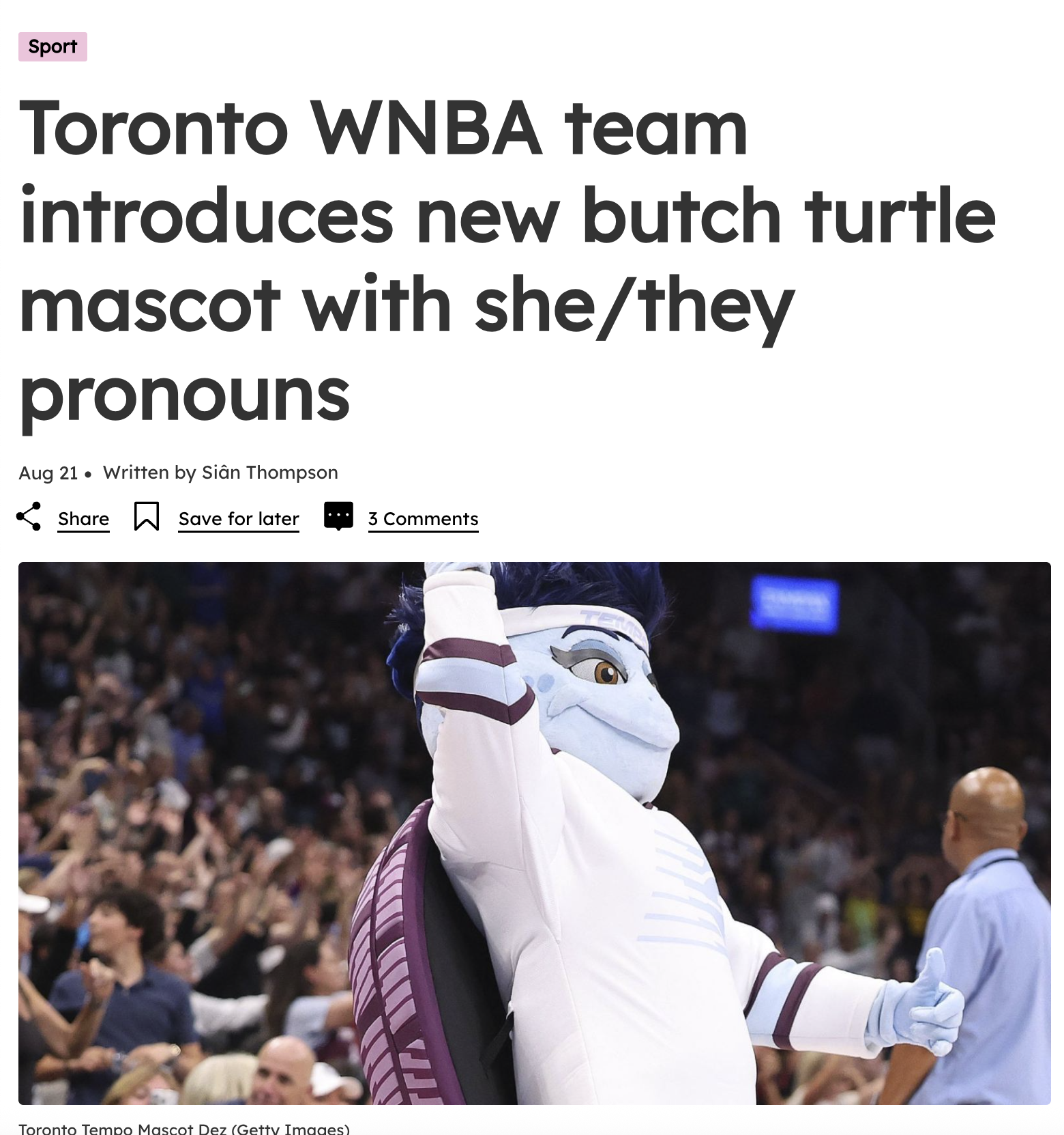Sport Toronto WNBA team introduces new butch turtle mascot with she/they pronouns Aug 21 Written by Siân Thompson & Share ☐ Save for later 3 Comments Toronto Tempo Mascot Dez (Getty Images)