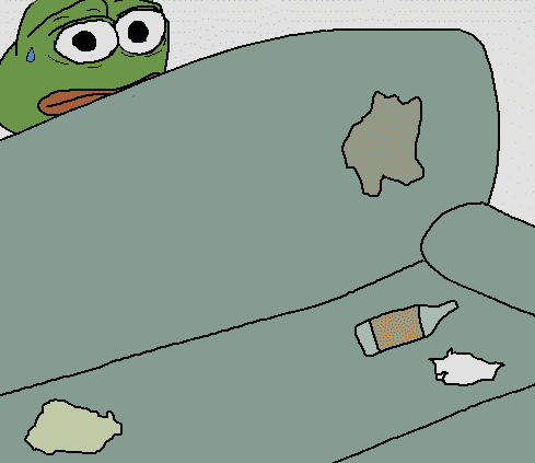 Pepe hiding behind couch scared