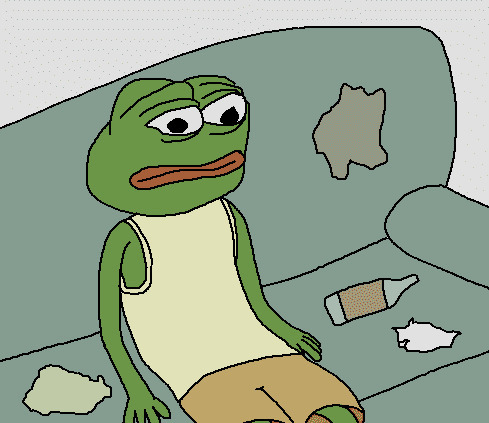 Pepe sitting on couch depressed