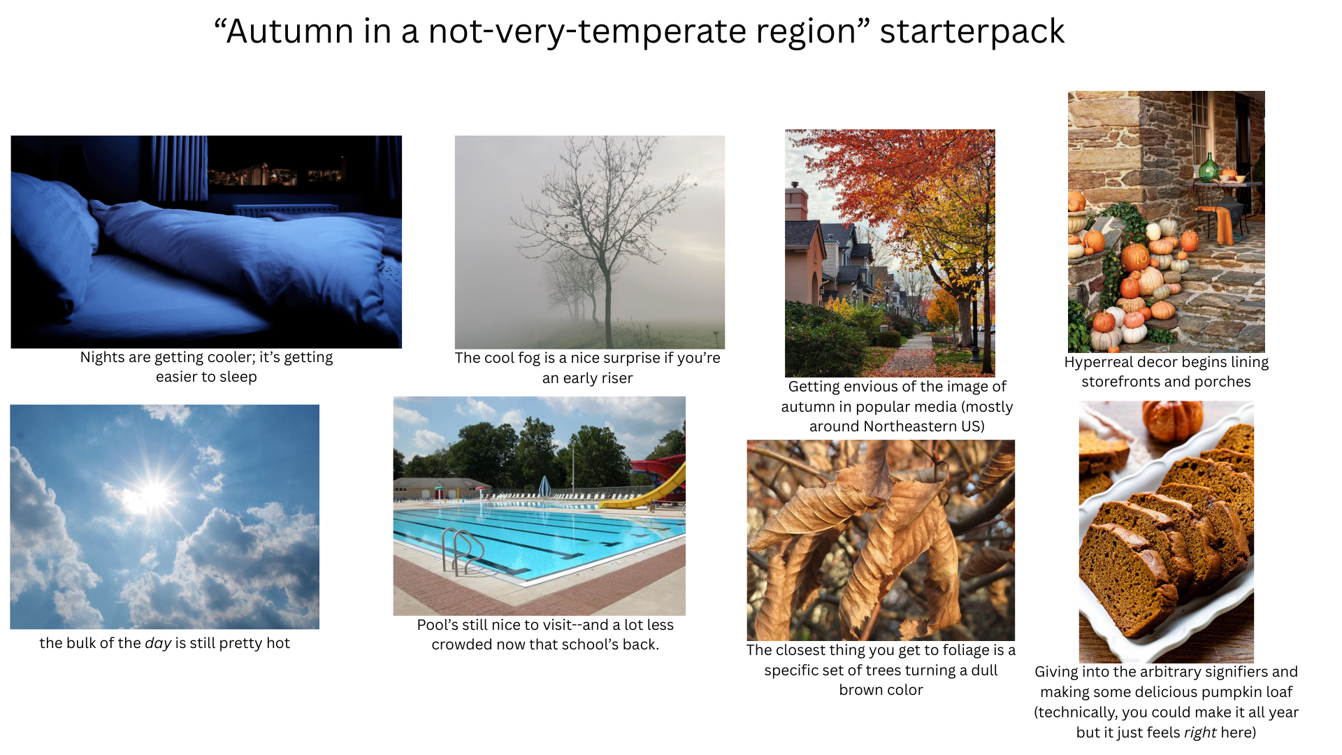 "Autumn in a not-very-temperate region" starterpack Nights are getting cooler; it's getting easier to sleep The cool fog is a nice surprise if you're an early riser the bulk of the day is still pretty hot Pool's still nice to visit--and a lot less crowded now that school's back. Getting envious of the image of autumn in popular media (mostly around Northeastern US) Hyperreal decor begins lining storefronts and porches The closest thing you get to foliage is a specific set of trees turning a dull brown color Giving into the arbitrary signifiers and making some delicious pumpkin loaf (technically, you could make it all year but it just feels right here)