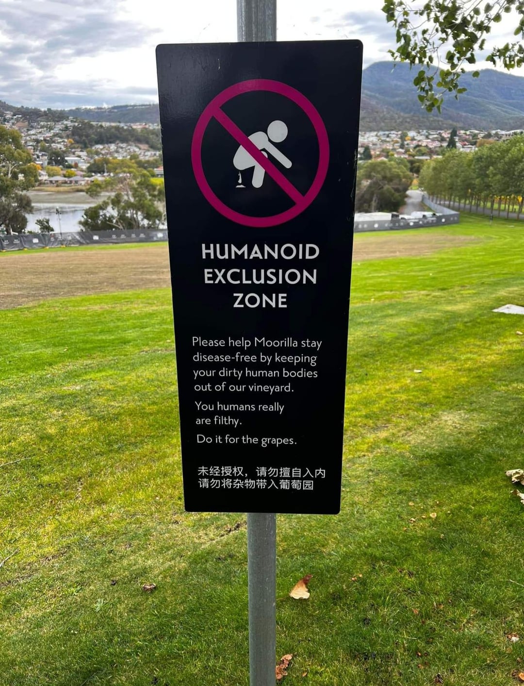 HUMANOID EXCLUSION ZONE Please help Moorilla stay disease-free by keeping your dirty human bodies out of our vineyard. You humans really are filthy. Do it for the grapes. 未经授权,请勿擅自入内 请勿将杂物带入葡萄园