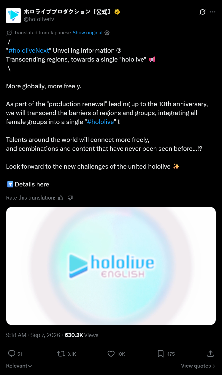 ホロライブプロダクション【公式】 @hololivetv Translated from Japanese Show original ✡ "#hololiveNext" Unveiling Information ③ Transcending regions, towards a single "hololive" ■ More globally, more freely. As part of the "production renewal" leading up to the 10th anniversary, we will transcend the barriers of regions and groups, integrating all female groups into a single "#hololive"!! Talents around the world will connect more freely, and combinations and content that have never been seen before...!? Look forward to the new challenges of the united hololive + Details here Rate this translation: الله 9:18 AM · Sep 7, 2026 630.2K Views 51 Relevant 3.1K hololive ENGLISH 10K 475 ↑ View quotes > Q