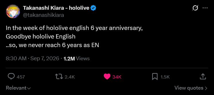 Takanashi Kiara - hololive @takanashikiara In the week of hololive english 6 year anniversary, Goodbye hololive English ..so, we never reach 6 years as EN 8:30 AM - Sep 7, 2026 1.2M Views 457 Relevant 2.4K 34K 1.5K ↑ View quotes >