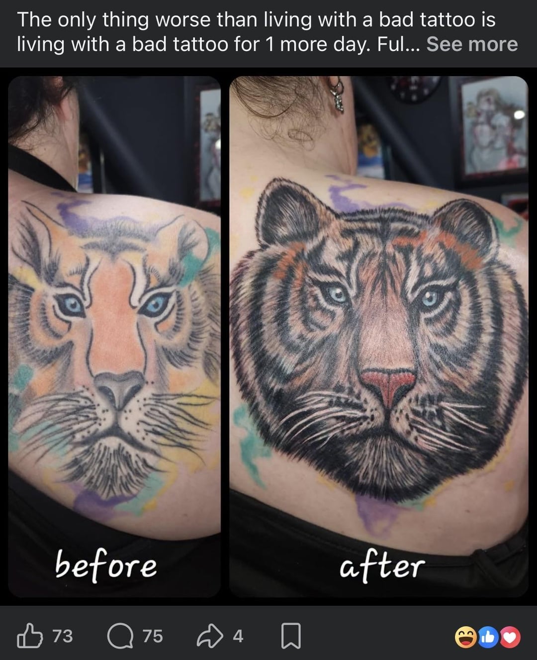 The only thing worse than living with a bad tattoo is living with a bad tattoo for 1 more day. Ful... See more before B73 Q75 4 after