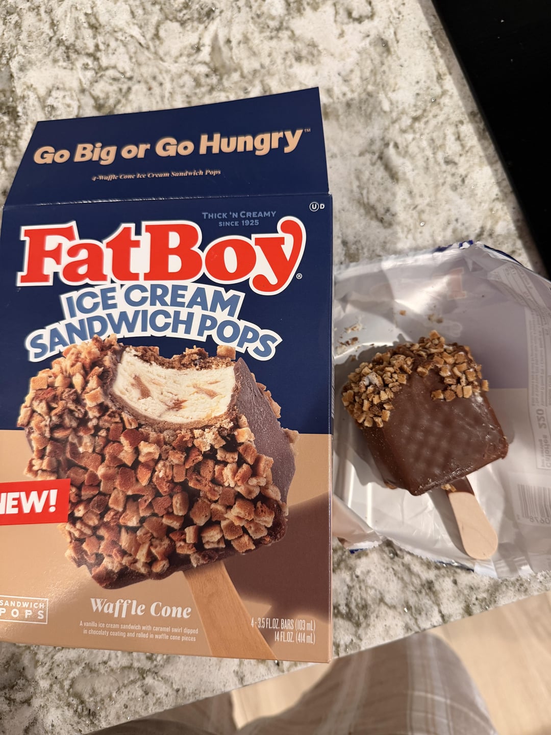 Go Big or Go Hungry™ 4-Waffle Cone Ice Cream Sandwich Pops THICK 'N CREAMY SINCE 1925 Fat Boy ICE CREAM SANDWICH POPS NEW! SANDWICH POPS Waffle Cone A vanilla ice cream sandwich with caramel swirl dipped in chocolaty coating and rolled in waffle cone pieces 4-3.5 FL. OZ. BARS (103 mL) 14 FLOZ. (414 mL) UD 550