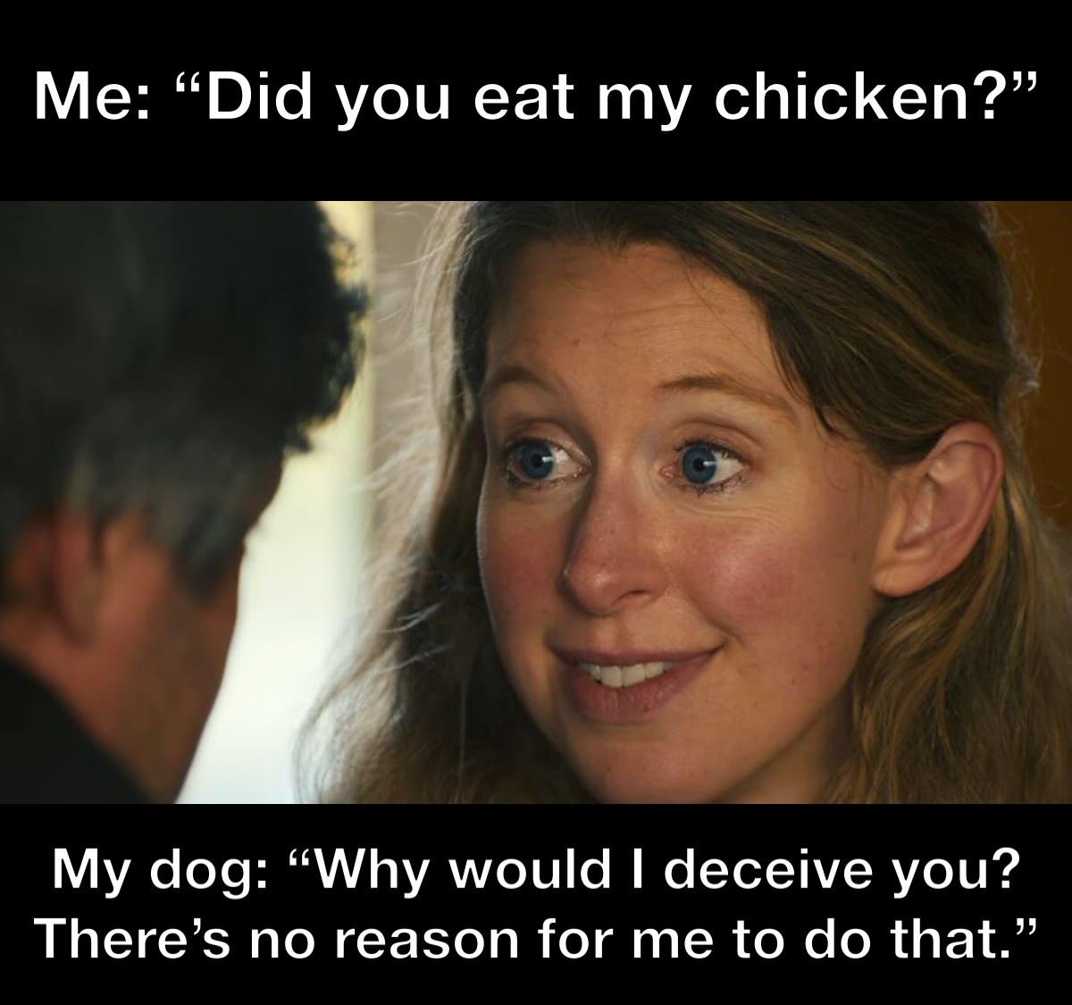 Me: "Did you eat my chicken?" My dog: "Why would I deceive you? There's no reason for me to do that."