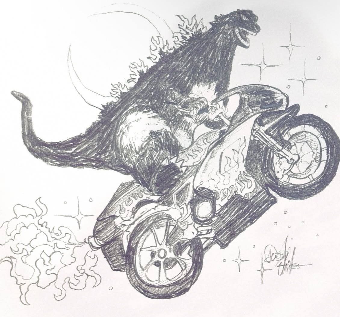 Godzilla on a motorcycle 
