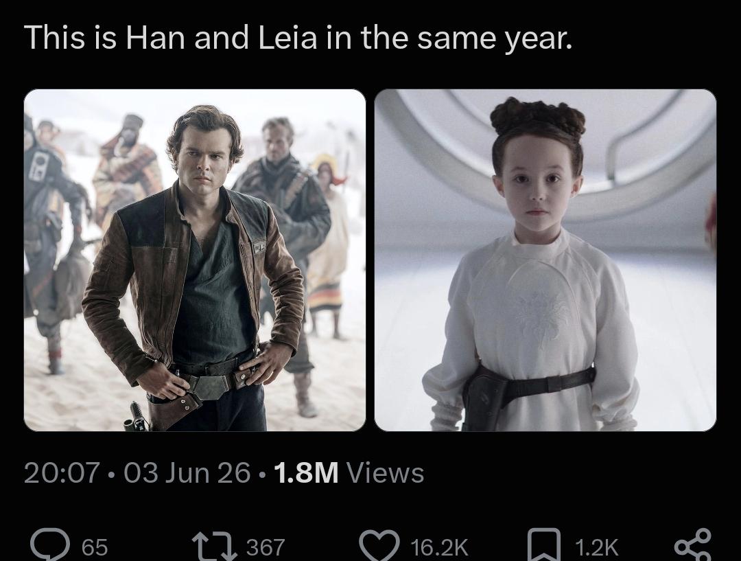 This is Han and Leia in the same year. 20:07 03 Jun 26.1.8M Views • 65 17367 16.2K 1.2K ge