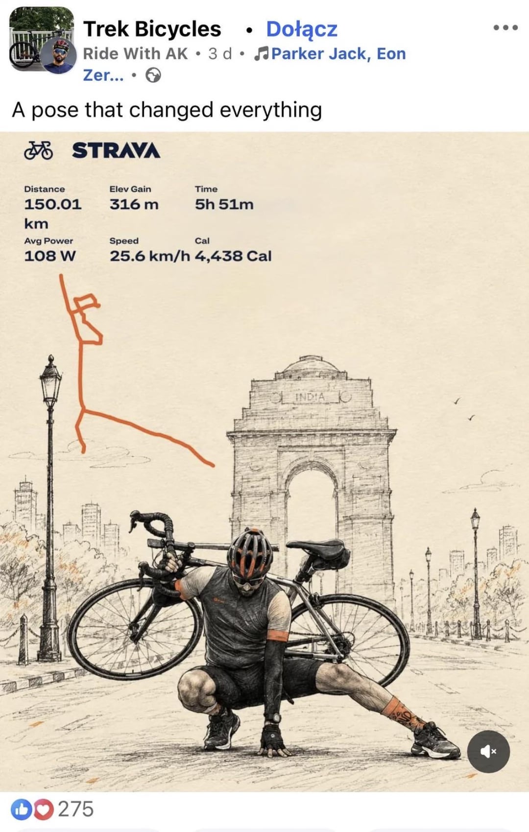 Trek Bicycles • • Dołącz Ride With AK 3d Parker Jack, Eon Zer... . A pose that changed everything STRAVA Distance 150.01 km Elev Gain. Time 316 m 5h 51m Avg Power 108 W Speed Cal 25.6 km/h 4,438 Cal D♥275 g INDIA
