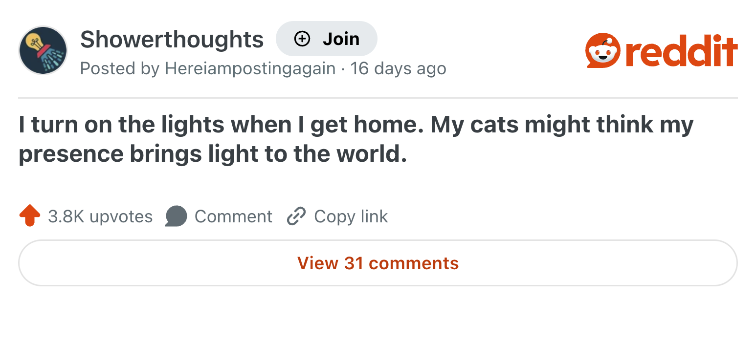Showerthoughts Join • Posted by Hereiamposting again · 16 days ago reddit I turn on the lights when I get home. My cats might think my presence brings light to the world. 3.8K upvotes Comment Copy link View 31 comments