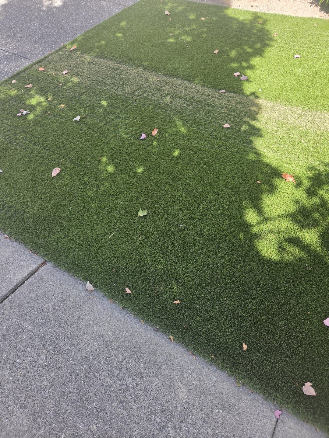 Someone used a lawnmower on this artificial lawn