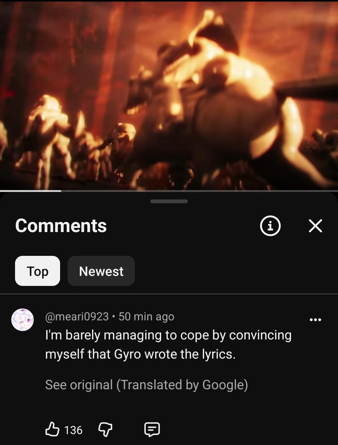 Comments Top Newest i @meari0923 50 min ago I'm barely managing to cope by convincing myself that Gyro wrote the lyrics. See original (Translated by Google) В 136