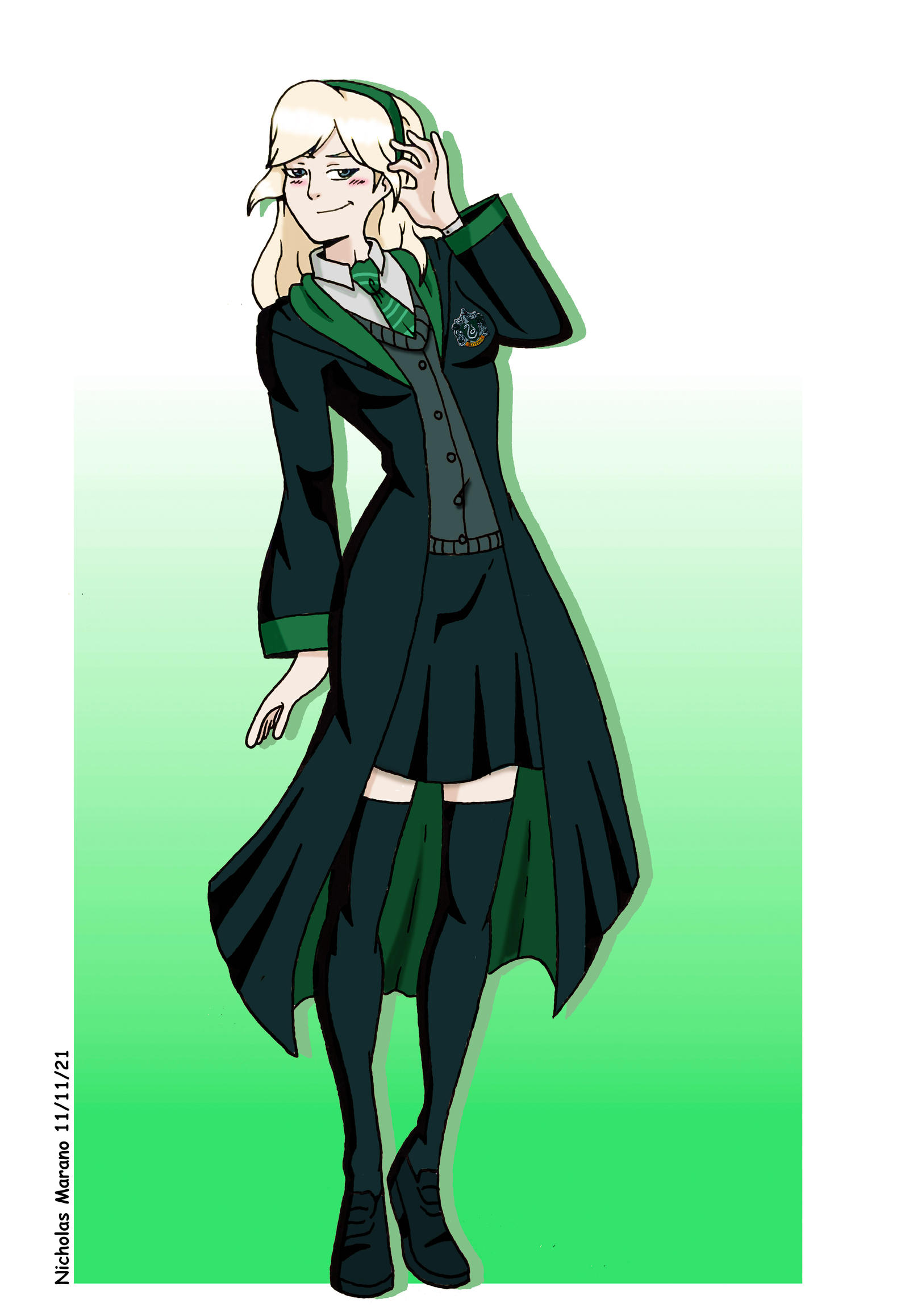 Say hello to the female version of one the characters from the Harry Potter world Draco Malfoy but in the female version he known as Draca Malfoy who will feature in my new story on wattpad that I will writing chapters soon after I do the other characters as well like the female Harry Potter aka Harriet Potter. Both girls will have a relationship with my character James Robby in the story since he's the main character in the story that I am writing about. Doing the full version of Draca took me hours to create since working on Hogwarts robes is a lot tricky to create and I messed up a couple of times. I really like how the character came out thanks to my imagination and brain storming i figured out how I wanted Draco to look like as a female character and the results are perfect. 