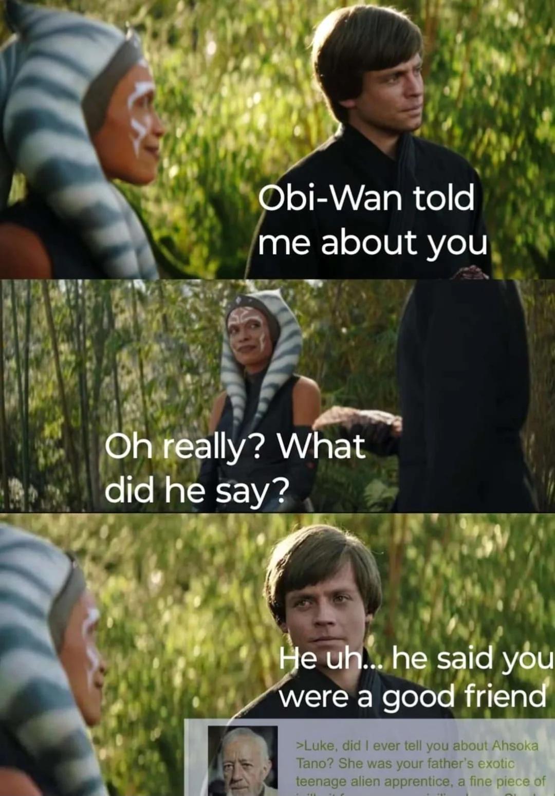 Obi-Wan told me about you Oh really? What did he say? He uh... he said you were a good friend >Luke, did I ever tell you about Ahsoka Tano? She was your father's exotic teenage alien apprentice, a fine piece of