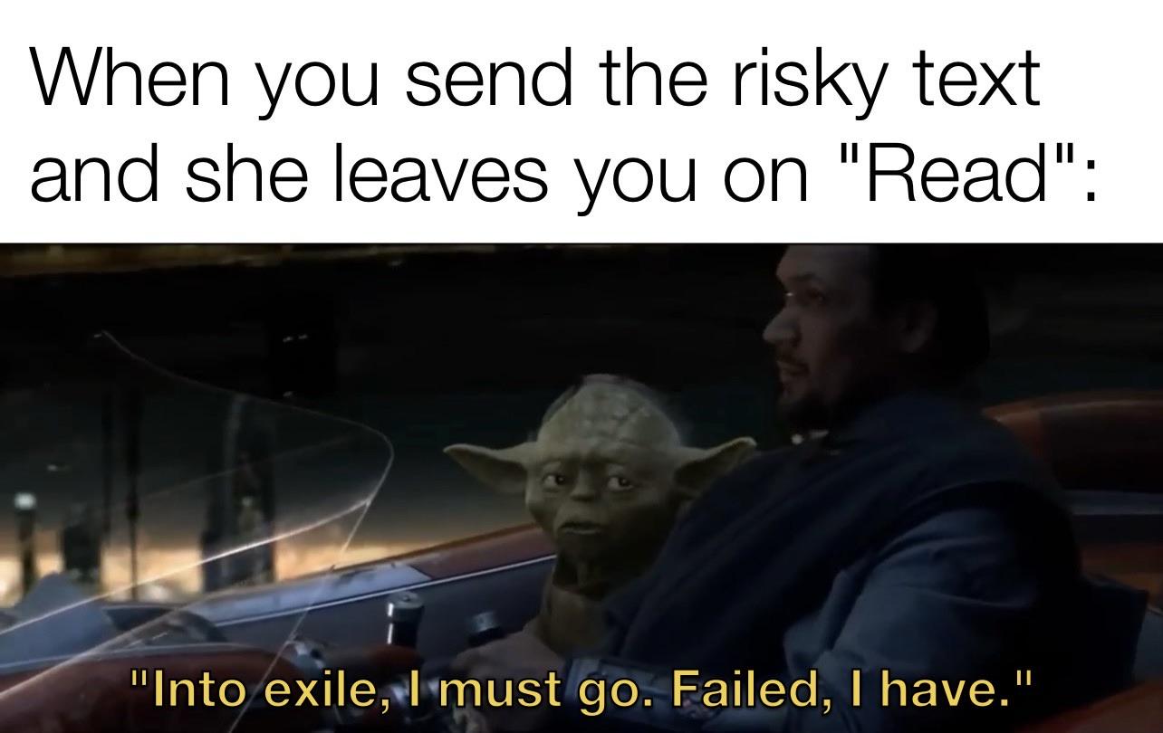 When you send the risky text and she leaves you on "Read": "Into exile, I must go. Failed, I have."