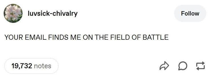 luvsick-chivalry YOUR EMAIL FINDS ME ON THE FIELD OF BATTLE 19,732 notes Follow on