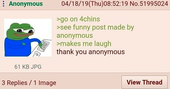 : Anonymous 61 KB JPG 04/18/19(Thu)08:52:19 No.51995024 >go on 4chins >see funny post made by anonymous >makes me laugh thank you anonymous 3 Replies 1 Image View Thread