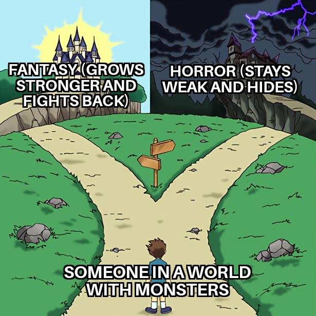 FANTASY (GROWS HORROR (STAYS STRONGER AND WEAK AND HIDES) FIGHTS BACK) SOMEONE INAWORLD WITH MONSTERS M
