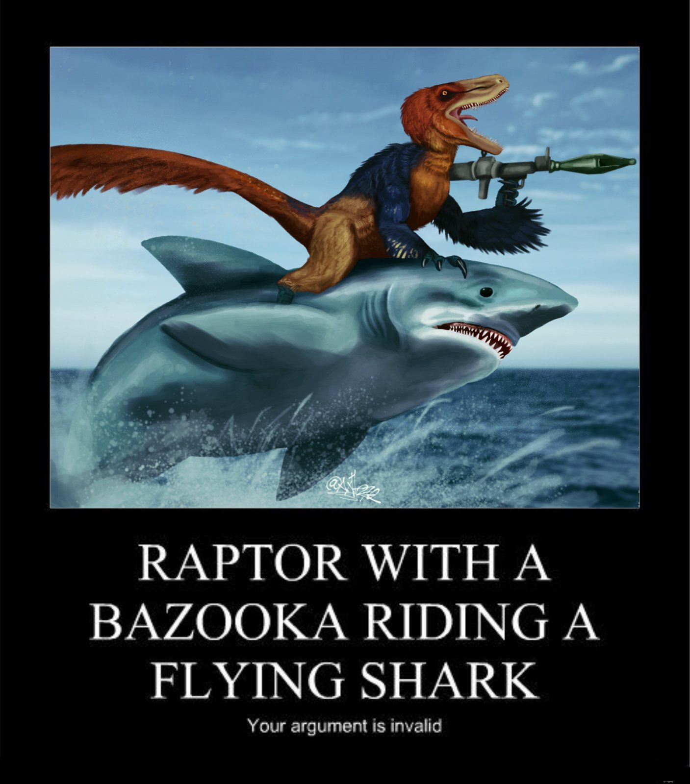 Raptor with a bazooka riding a flying shark | Know Your Meme