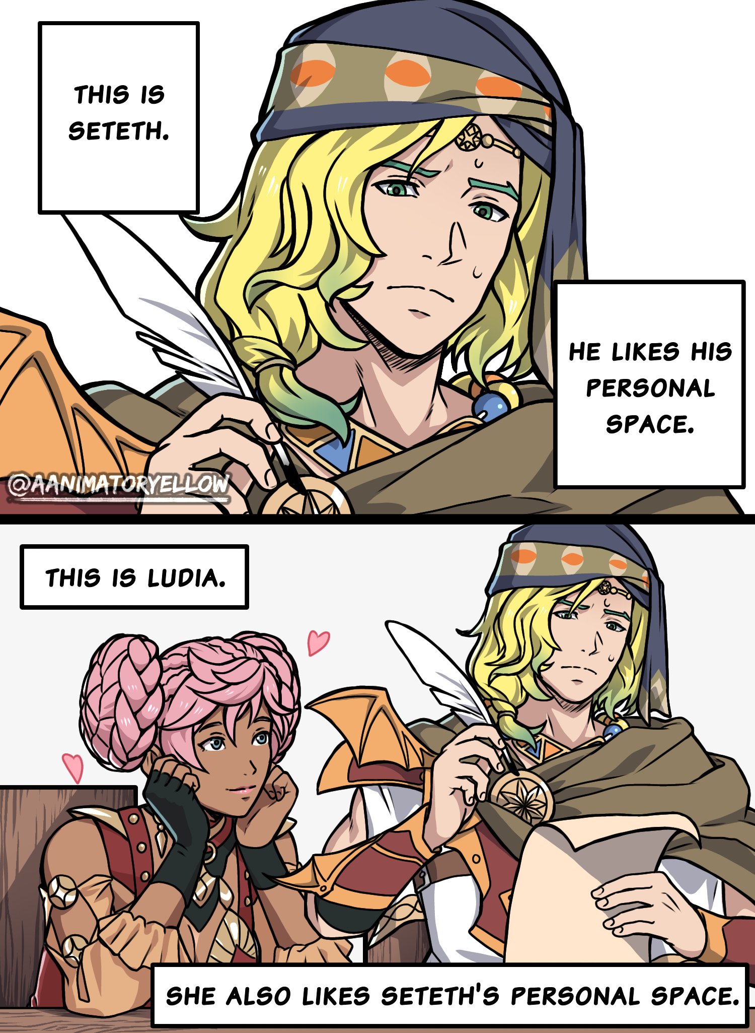 THIS IS SETETH. @AANIMATORYELLOW THIS IS LUDIA. HE LIKES HIS PERSONAL SPACE. SHE ALSO LIKES SETETH'S PERSONAL SPACE.