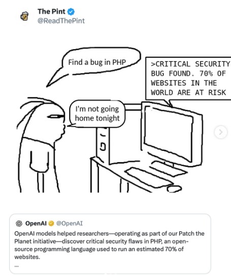 The Pint @ReadThePint Find a bug in PHP I'm not going home tonight >CRITICAL SECURITY BUG FOUND. 70% OF WEBSITES IN THE WORLD ARE AT RISK 0 OpenAl @OpenAI OpenAl models helped researchers-operating as part of our Patch the Planet initiative-discover critical security flaws in PHP, an open- source programming language used to run an estimated 70% of websites.