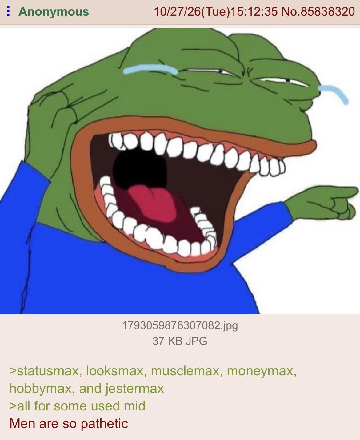 Anonymous 10/27/26(Tue)15:12:35 No.85838320 1793059876307082.jpg 37 KB JPG >statusmax, looksmax, musclemax, moneymax, hobbymax, and jestermax >all for some used mid Men are so pathetic